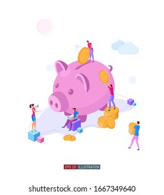 Trendy flat illustration. Banking service illustration concept. Deposit. Piggy bank. Bank team. Bank operations. Money. Coins. Template for your design works. Vector graphics.