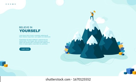 Trendy flat illustration. Believe in yourself page concept. Winner man on mountain peak. Victory symbol. Competition. Goal achievement. Template for your design works. Vector graphics.