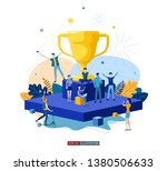 Trendy flat illustration. Best team ever concept. Goal achievement. Golden cup. Successful teamwork. Template for your design works. Vector graphics.