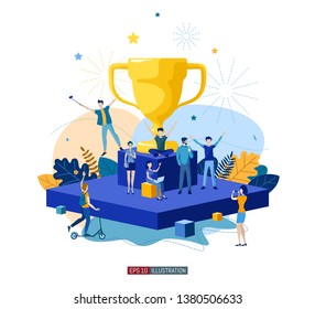Trendy flat illustration. Best team ever concept. Goal achievement. Golden cup. Successful teamwork. Template for your design works. Vector graphics.
