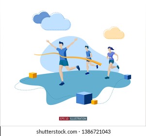 Trendy flat illustration. Best team ever concept. Goal achievement. Runner finish. Successful teamwork. Template for your design works. Vector graphics.