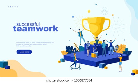 Trendy flat illustration. Best team ever concept. Goal achievement. Golden cup. Successful teamwork page concept. Template for your design works. Vector graphics.