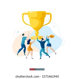 Trendy flat illustration. Best team ever concept. Goal achievement. Golden cup. Successful teamwork. Template for your design works. Vector graphics.