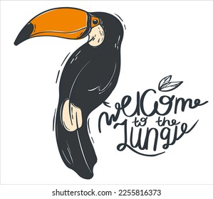 Trendy flat illustration with black toucan for any design. Lettering welcome to the jungle. Vector illustration.