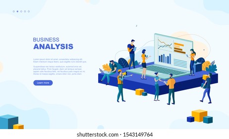 Trendy flat illustration. Business analysis page concept. Office workers planing business mechanism, analyze business strategy and exchange ideas.Template for your design works. Vector graphics.