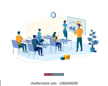 Trendy flat illustration. Business brief, presentation or training. Teamwork metaphor. Education. Learning. Knowledge. Template for your design works. Vector graphics.