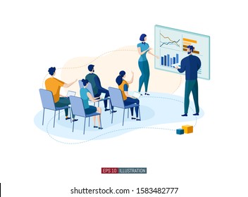 Trendy flat illustration. Business brief, presentation or training. Teamwork metaphor. Education. Learning. Knowledge. Template for your design works. Vector graphics.