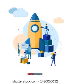 Trendy flat illustration. Business startup concept. Сooperation of people who implement the joint idea. Rocket launch preparation. Template for your design works. Vector graphics.