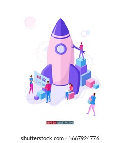 Trendy flat illustration. Business startup concept. Сooperation of people who implement the joint idea. Rocket launch preparation. Template for your design works. Vector graphics.