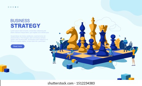 Trendy flat illustration. Business strategy page concept. Teamwork and competition. Chess game. Chess pieces. Template for your design works. Vector graphics.