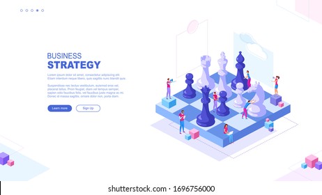 Trendy flat illustration. Business strategy page concept. Teamwork and competition. Chess game. Chess pieces. Template for your design works. Vector graphics.