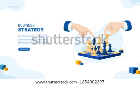 Trendy flat illustration. Business strategy page concept. Hands of chess players. Chess game. Chess pieces. Template for your design works. Vector graphics.