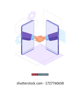 Trendy flat illustration. Businessmen handshake. Doing business with a smartphone. Template for your design works. Vector graphics.