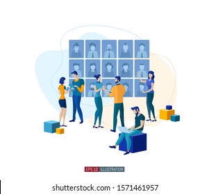 Trendy flat illustration. Businessmen are looking for an employee. Open vacancy. Hiring staff. Discussion of the applicant. Interview. Human resources. Template for your design works. Vector graphics.