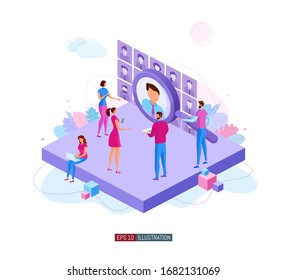 Ilustración plana de moda. Los hombres de negocios están buscando un empleado. Vacante abierta. Contratación de personal. Debate del solicitante.Entrevista. Recursos humanos.  Plantilla para las obras de diseño. Gráficos vectoriales.