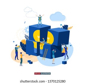 Trendy flat illustration. Cooperation of people who implement the joint idea. Illustration of the idea birth process. Template for your design works. Vector graphics.