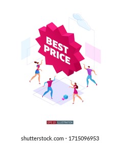 Trendy flat illustration. Customers around product promotion banner. Best price. Template for your design works. Vector illustration.