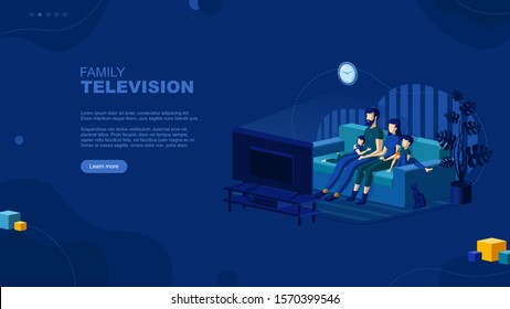 Trendy flat illustration. Family television page concept. Family watches TV. Cable TV. Family leisure. Template for your design works. Vector graphics.