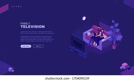 Trendy flat illustration. Family television page concept. Family watches TV. Cable TV. Family leisure. Template for your design works. Vector graphics.