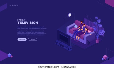 Trendy flat illustration. Family television page concept. Family watches TV. Cable TV. Family leisure. Template for your design works. Vector graphics.