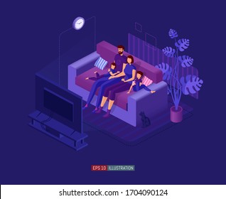 Trendy flat illustration. The family watches TV. Cable TV. Family leisure. Template for your design works. Vector graphics.