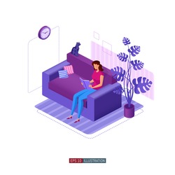 Trendy Flat Illustration. Girl With A Book In The Sofa. Indoor Plant In A Pot. Sitting Cat. Template For Your Design Works. Vector Graphics.