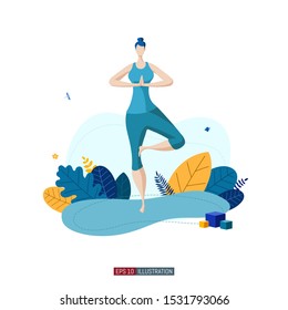 Trendy flat illustration. Girl doing yoga. Activity. Fitness. Life style.Template for your design works. Vector graphics.
