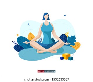 Trendy flat illustration. Girl doing yoga. Lotus pose. Activity. Fitness. Life style.Template for your design works. Vector graphics.