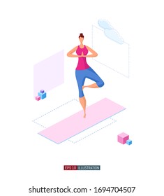 Trendy flat illustration. Girl doing yoga. Activity. Fitness. Yoga poses. Life style. Template for your design works. Vector graphics.