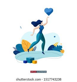 Trendy flat illustration. Girl with Heart. Concept for social media. Template for your design works. Vector graphics.
