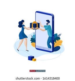 Trendy flat illustration. Girl receives a gift from a smartphone. Online marketing concept. Customer feedback. Online shopping. Template for your design works. Vector graphics.