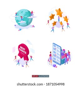 Ilustración plana de moda. Globalización. Lista de anuncios de compras en línea. Marketing en línea. Mejor elección. Comentarios de los clientes. Ahorra dinero. La plantilla para el diseño funciona. Gráficos vectoriales.
