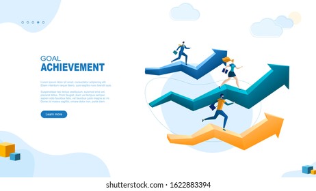 Trendy flat illustration. Goal achievment page concept. Businessmans runs forward on an arrows. Motivation. Way up. Career planning. Template for your design works. Vector graphics.