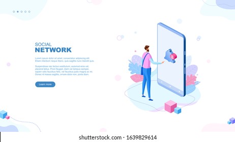 Trendy flat illustration. The guy takes a message on the smartphone screen. Social network page concept. Social media. Communications. Chatting. Template for your design works. Vector graphics.