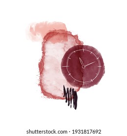 Trendy flat illustration. Hand drawn abstract minimalistic background in trendy minimalistic style. Clock face. Watercolor spots. Template for your design works. Vector graphics.