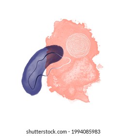Ilustración plana de moda. Fondo abstracto hecho a mano en un estilo minimalista moderno. Línea de carbón vegetal. Manchas acuáticas. La plantilla para el diseño funciona. Gráficos vectoriales.