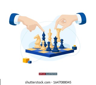 Trendy flat illustration. Hands of chess players. Business strategy concept. Chess game. Chess pieces.  Template for your design works. Vector graphics.