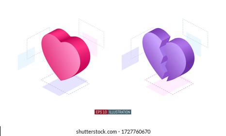 Trendy flat illustration. Heart and broken heart 3D isometric icons. Template for your design works. Vector graphics.