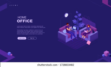 Trendy flat illustration. Home office  page concept. Man and woman are sitting in armchairs and working with laptops. Template for your design works. Vector graphics.