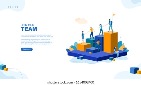 Trendy flat illustration. Join our team page concept. People help each other. Successful career. Command. Friendly team. Template for your design works. Vector graphics.