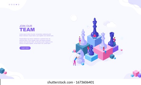 Trendy flat illustration. Join our team page concept. Teamwork and competition. Chess game. Chess pieces. Template for your design works. Vector graphics.