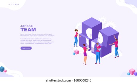 Ilustración plana de moda. Únase a nuestro concepto de página de equipo. Cooperación de las personas que implementan la idea conjunta. Ilustración del proceso de nacimiento de la idea. Plantilla para las obras de diseño. Gráficos vectoriales.