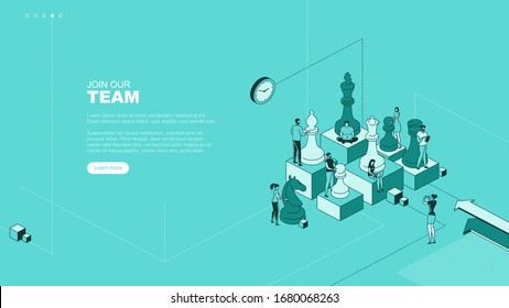 Trendy flat illustration. Join our team  page concept. People work. Business strategy. Teamwork and competition. Chess game. Chess pieces. Template for your design works. Vector graphics.