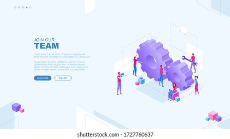 Trendy flat illustration. Join our team  page concept. Office workers planing business mechanism, analyze business strategy and exchange ideas. Template for your design works. Vector graphics.