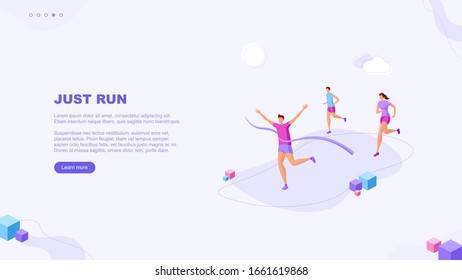 Trendy flat illustration. Just run page concept. Victory. Goal achievment. Challenge. Cup reward. Prize. Marathon. Template for your design works. Vector graphics.
