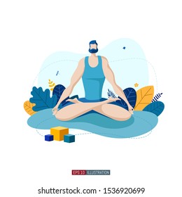 Trendy flat illustration. Man doing yoga. Activity. Fitness. Life style.Template for your design works. Vector graphics.