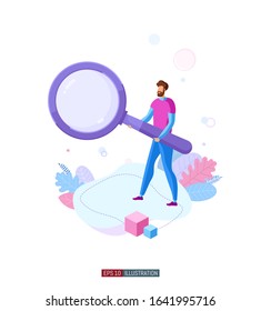 Trendy flat illustration. Man with magnifying glass. Search symbol. Template for your design works. Vector graphics.