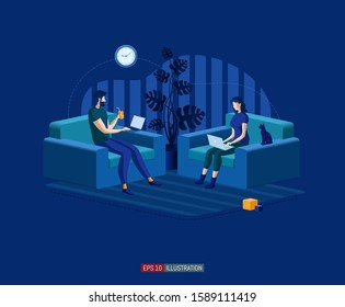 Trendy flat illustration. Man and woman are sitting in armchairs working with laptops. Family leisure. Template for your design works. Vector graphics.
