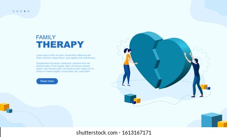 Trendy flat illustration. Man and woman connect the two halves of a broken heart. Family therapy page concept. Family psychologist. Template for your design works. Vector graphics.