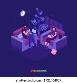 Trendy flat illustration. Man and woman are sitting in armchairs working with laptops. Remote work. Online education. Family leisure. Template for your design works. Vector graphics.